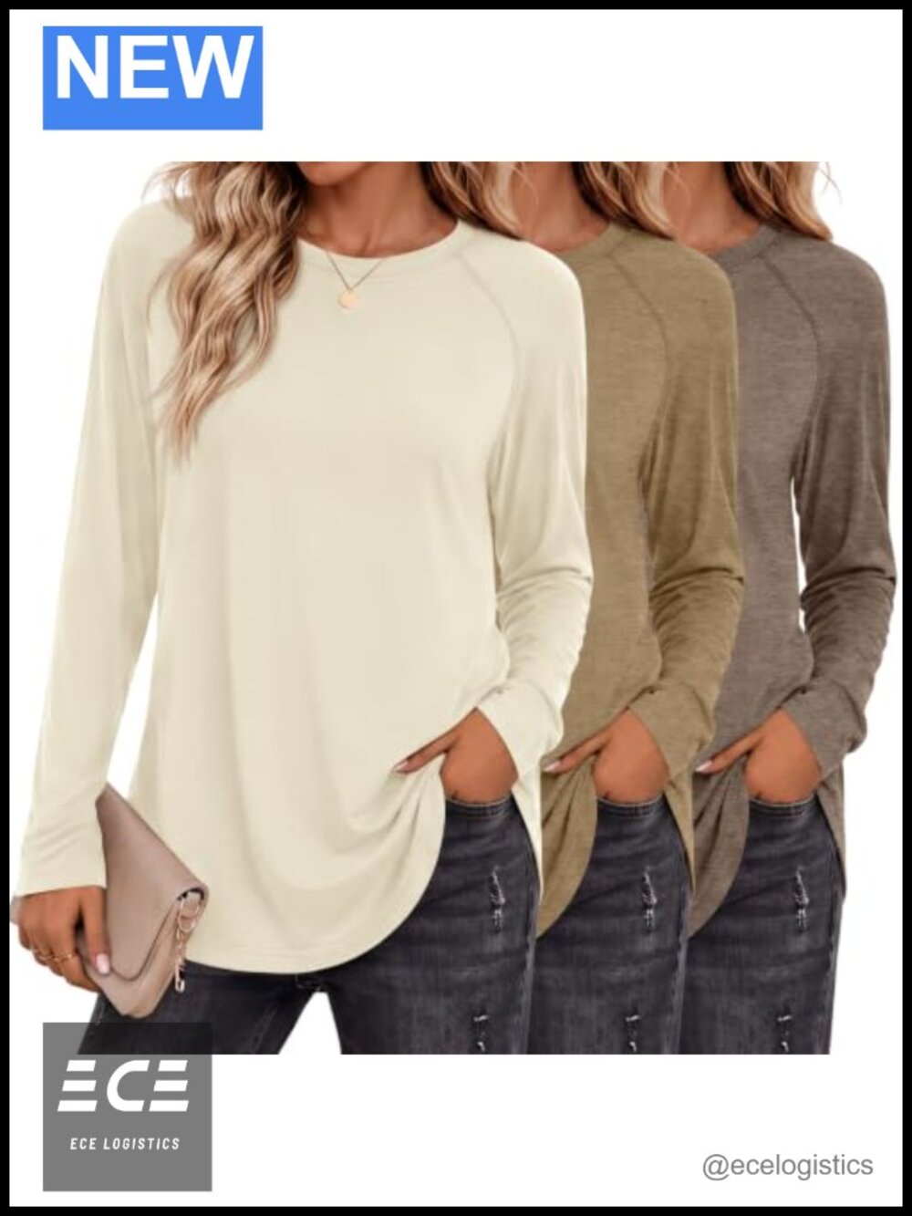 Raglan Long Sleeve Tunic Tops Crew Neck Shirt Loose Fit Curved Hem